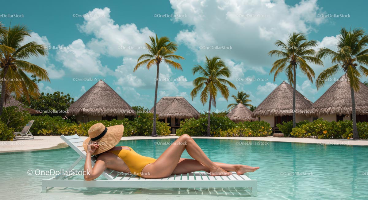 Woman Relaxing Poolside at Tropical Beach Resort