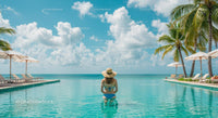 Woman Relaxing in Tropical Infinity Pool with Ocean View