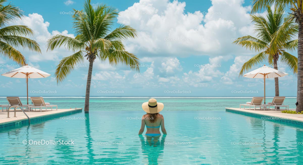 Woman Relaxing in Infinity Pool with Ocean View
