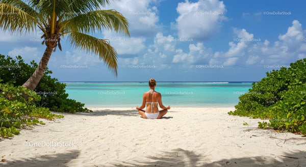 Woman Meditating on a Tropical Beach with Palm Tree