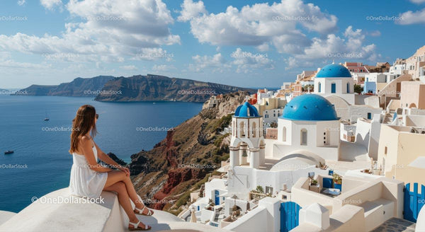 Scenic View of Santorini's Iconic Blue Domes