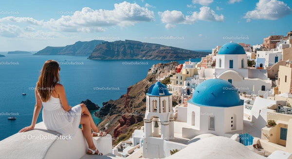 Kobieta Podziwiająca Ikoniczne Niebieskie Kopuły Santorini i Morze Egejskie