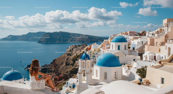 Scenic Santorini View with Iconic Blue Domes and Aegean Sea