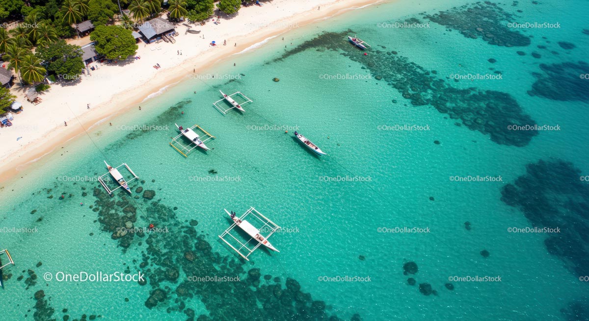 Aerial View of Tropical Beach and Turquoise Sea with Boats