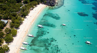 Aerial View of Tropical Beach with Boats and Palm Trees