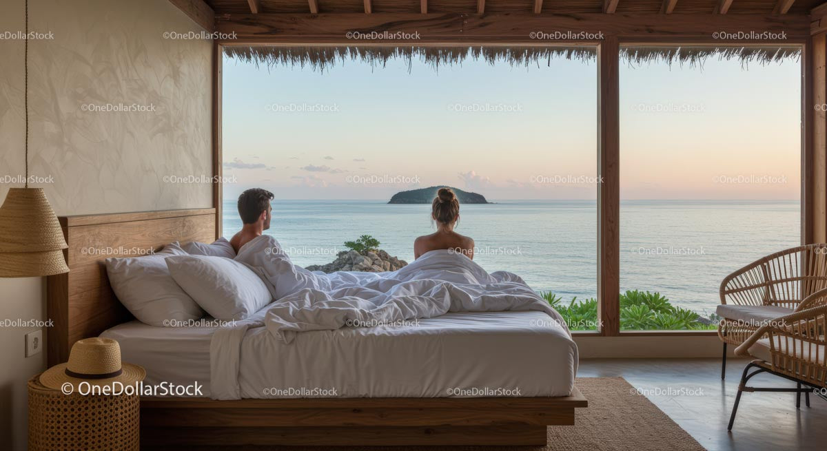 Couple Relaxing in a Bedroom with Stunning Ocean View