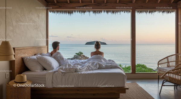 Couple Relaxing in a Bedroom with Stunning Ocean View