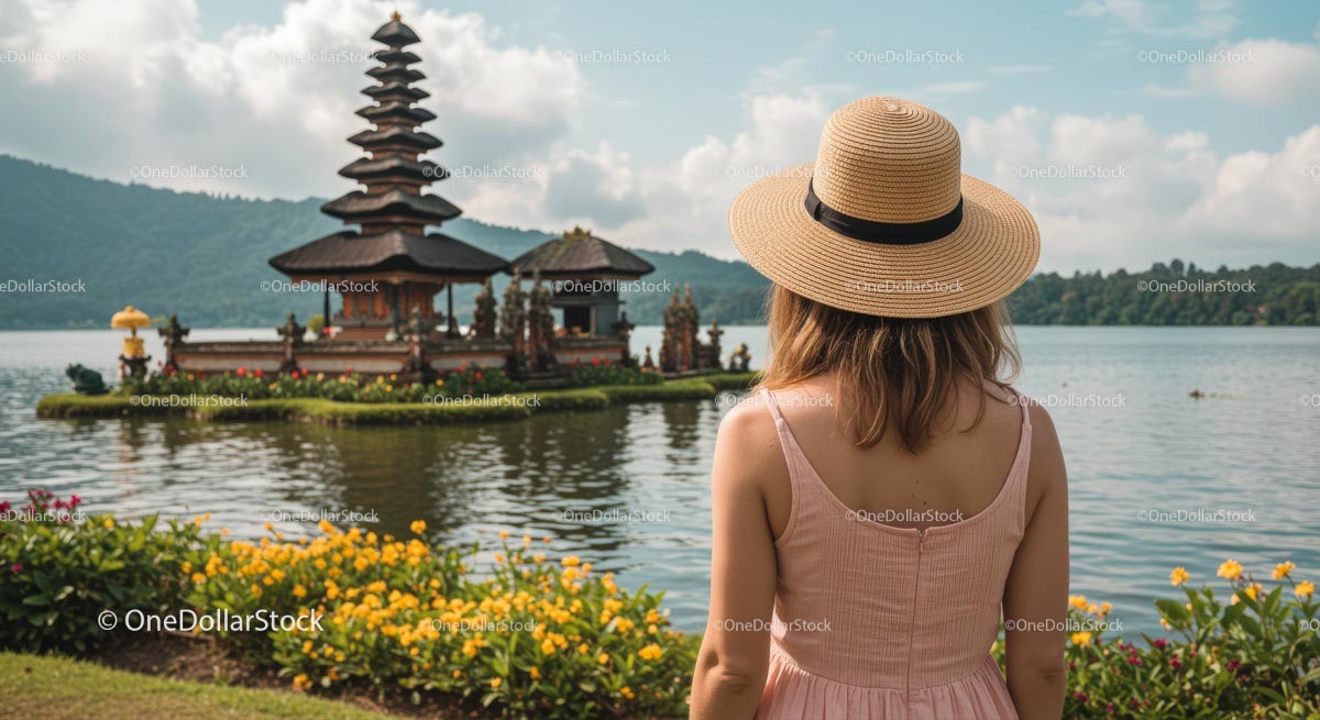 Woman Admiring Bali Temple by Serene Lake Bratan