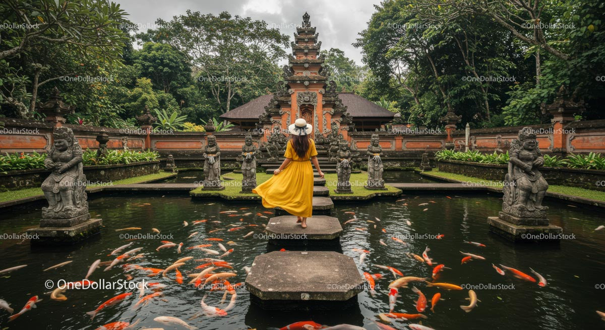 Woman in Yellow Dress at Tranquil Temple Garden