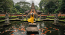 Woman in Yellow Dress at Tranquil Temple Garden