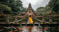 Woman in Yellow Dress at Bali Temple with Koi Fish Pond