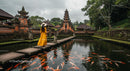 Woman in Yellow Dress at Balinese Temple with Koi Pond