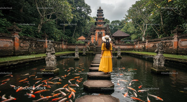 Kobieta w Żółtej Sukience przy Egzotycznej Świątyni Bali i Stawie Koi