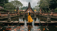 Woman in Yellow Dress at Balinese Temple Pond