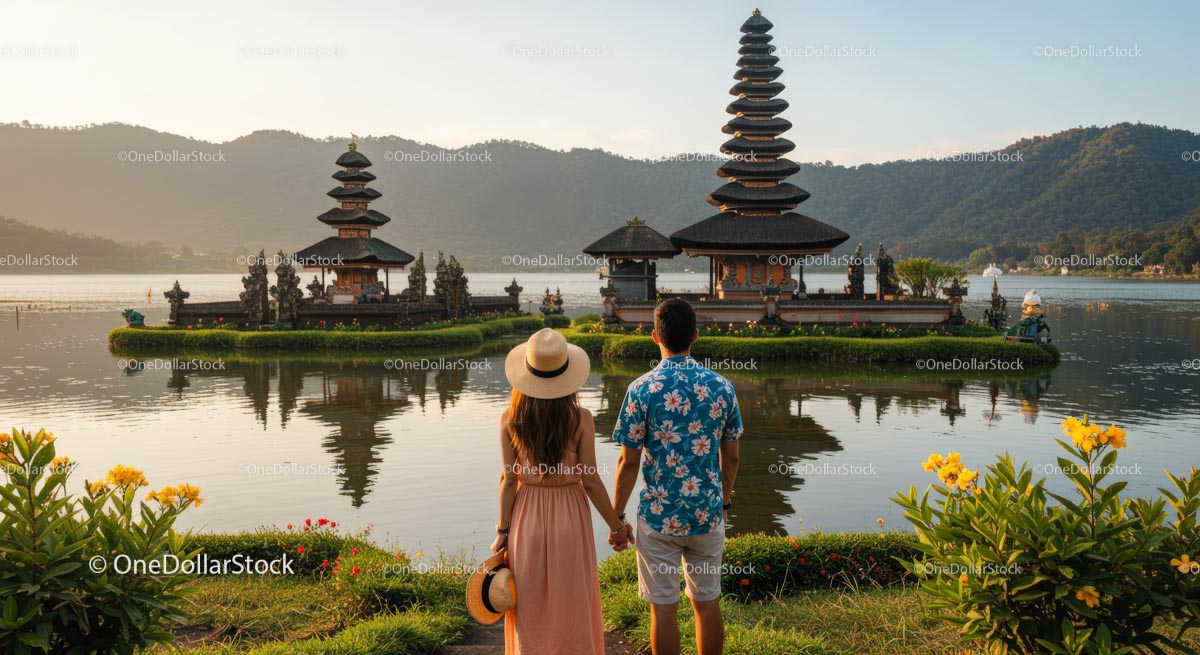 Couple Admiring Bali Temple at Sunrise