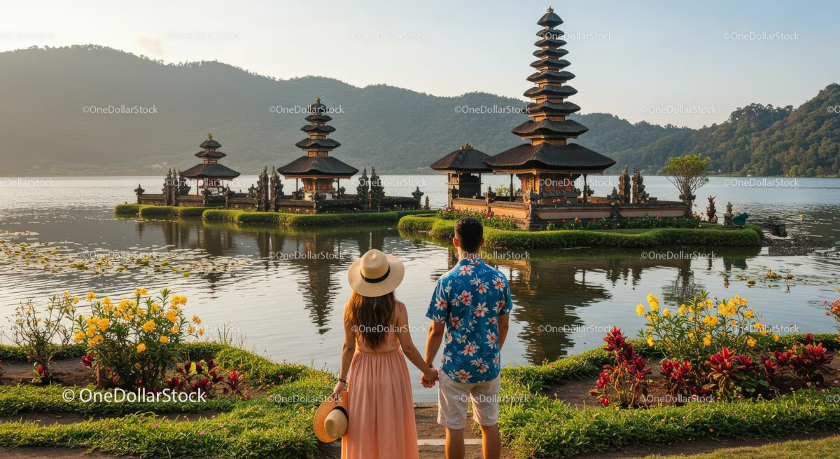 Couple Admiring Balinese Temple by Lakeside