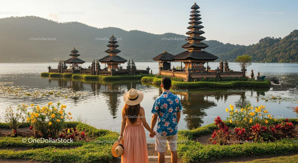 Couple Admiring Balinese Temple by Lakeside