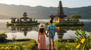 Couple Admiring Balinese Temple Amidst Lush Landscape