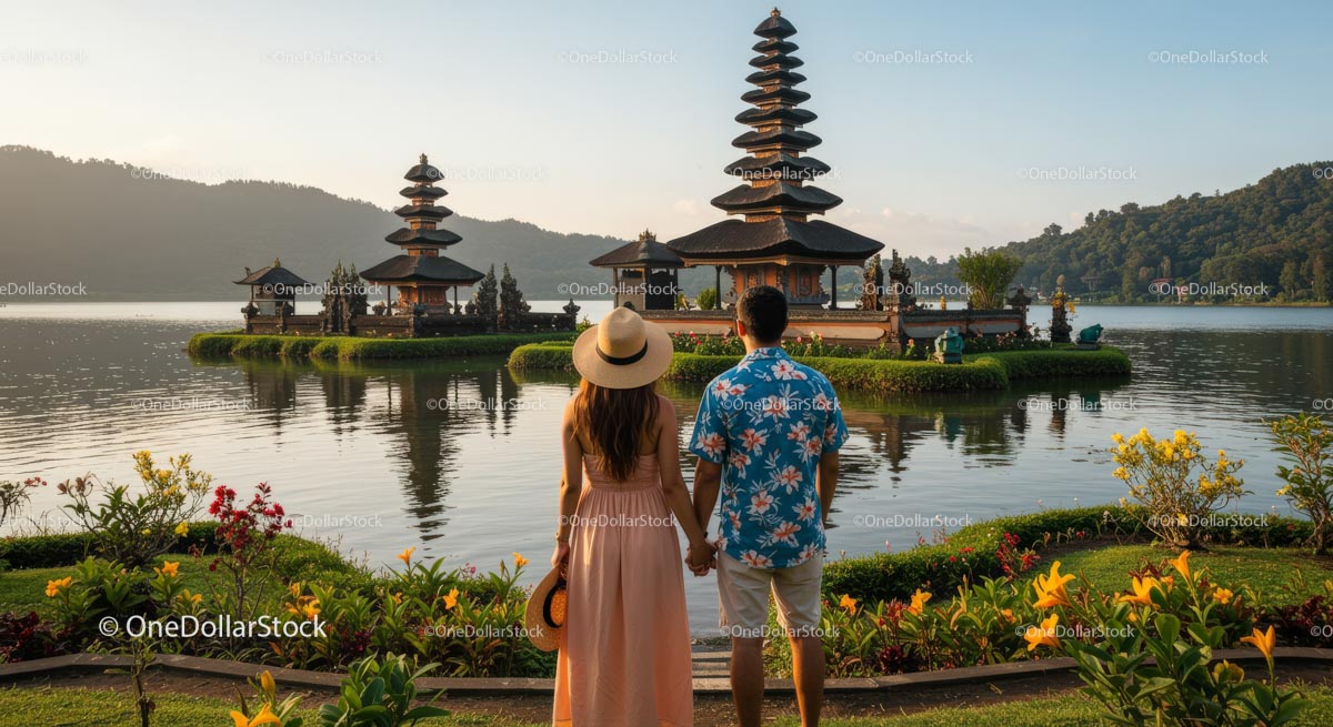 Couple Admiring Bali's Beautiful Water Temple