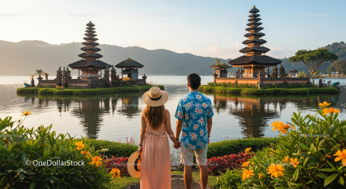 Couple Strolling by Balinese Temple at Sunset