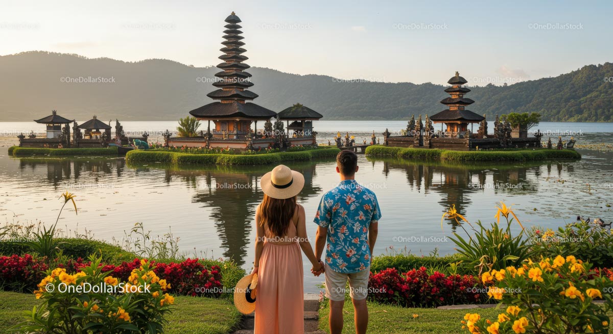 Para ciesząca się zachodem słońca w Pura Ulun Danu Bratan na Bali