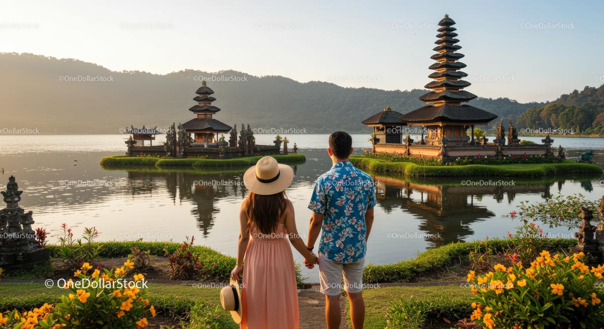 Romantic Couple in Front of Bali Temple at Sunrise