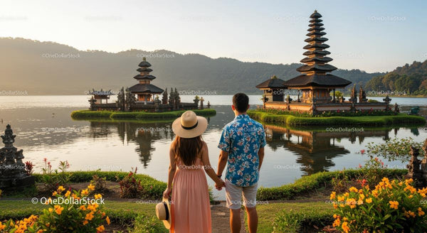 Romantyczna para przed świątynią na Bali o wschodzie słońca