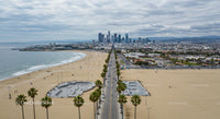 Aerial View of Los Angeles Skyline and Coastal Beach