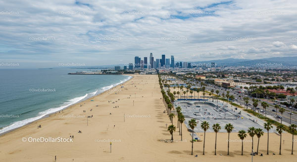 Tętniąca życiem plaża w Los Angeles z palmami i panoramą miasta