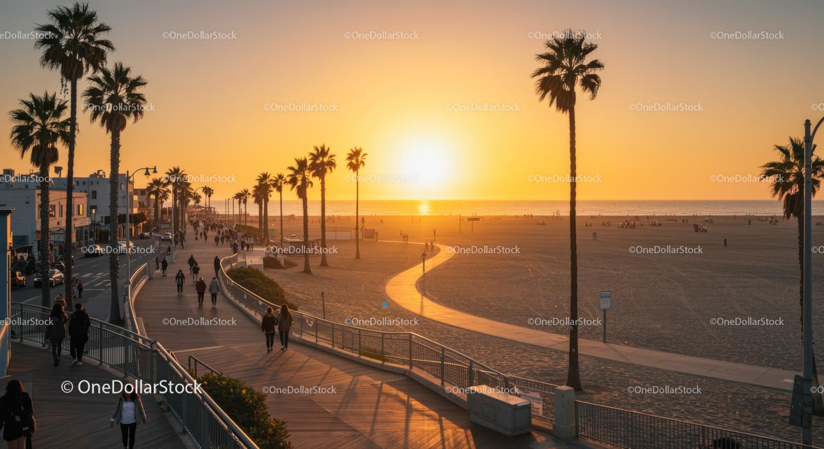 Vibrant Sunset Over Palm-Lined Beach