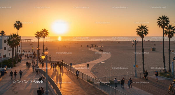 Sunset Stroll on a Beachside Boardwalk with Palm Trees