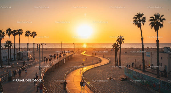 Sunset Stroll with Palm Trees Along Scenic Boardwalk