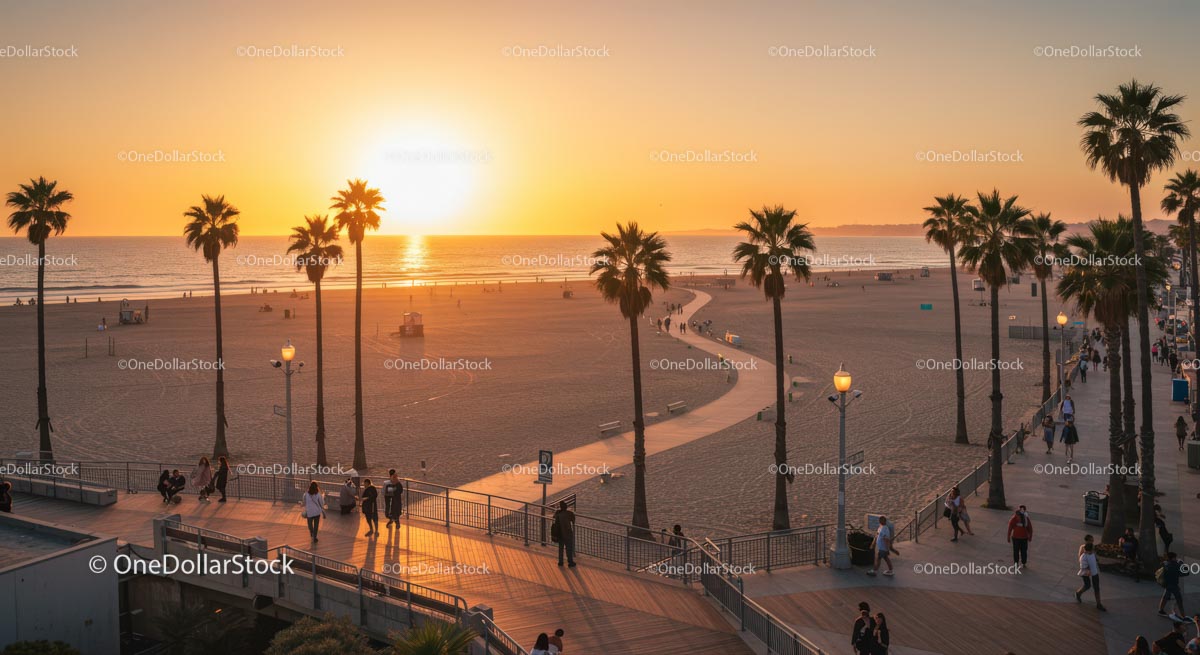 Sunset Over Palm-Lined Beach Boardwalk