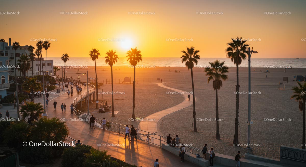 Sunset Over Beach with Palm Trees and Boardwalk
