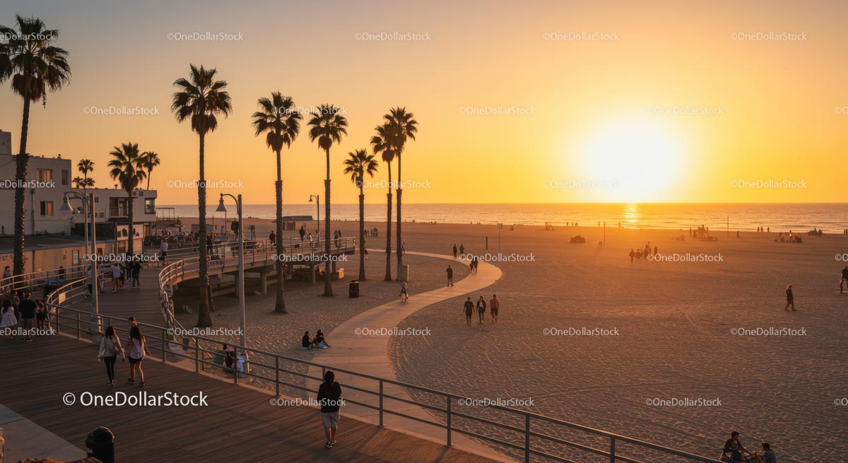 Golden Sunset over Beach with Swaying Palm Trees