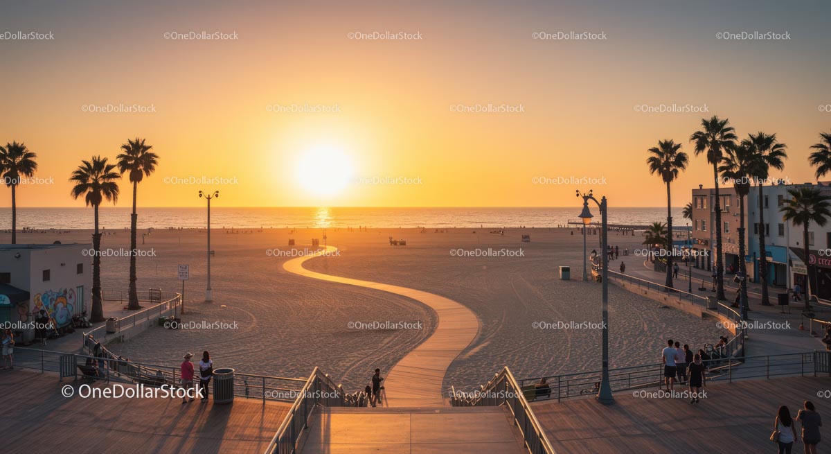 Sunset Over Scenic Beachfront Boardwalk with Palm Trees