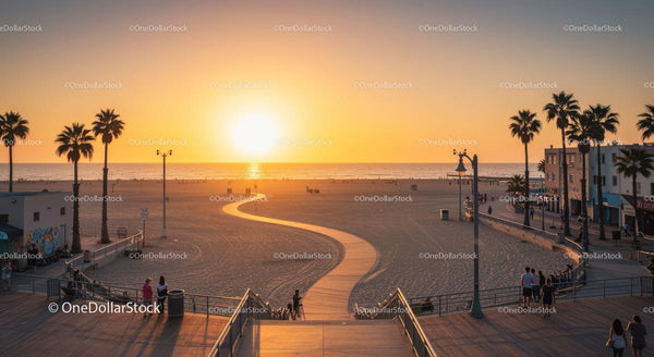 Sunset Over Scenic Beachfront Boardwalk with Palm Trees