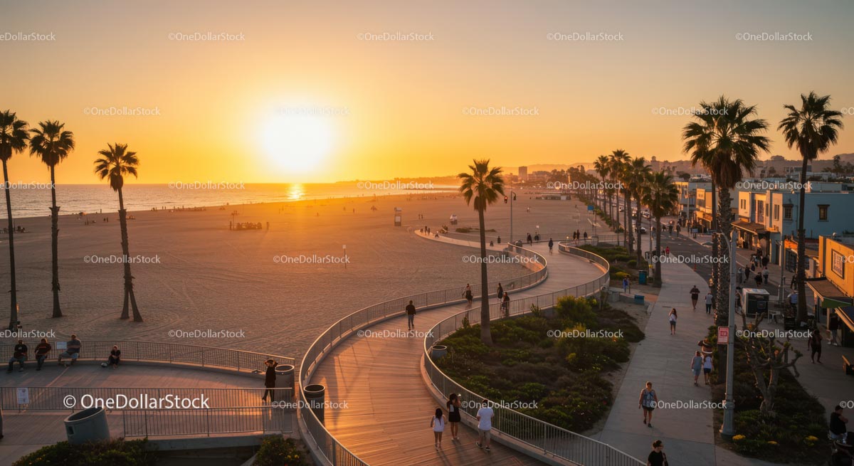 Golden Sunset Over a Scenic Beach Boardwalk