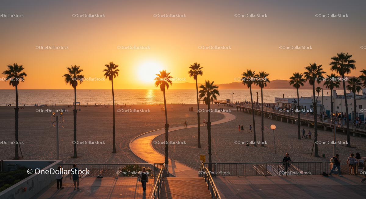Sunset on a Serene Beach with Palm Trees