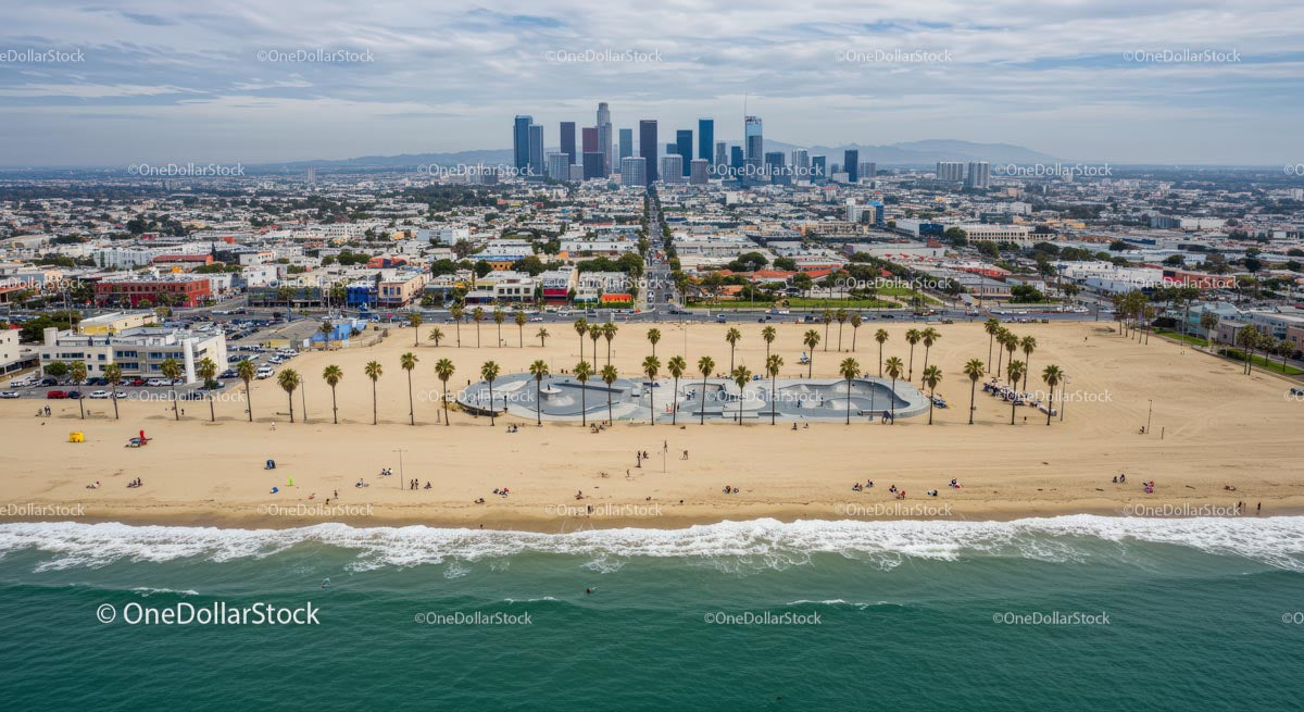 Aerial View of Los Angeles Beachfront and Skyline