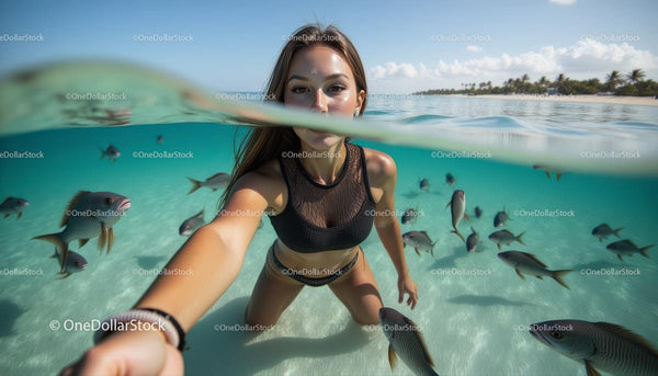 Woman Taking Selfie in Tropical Ocean with Fish