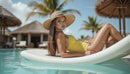Woman Relaxing Poolside in Yellow Swimsuit at Tropical Resort