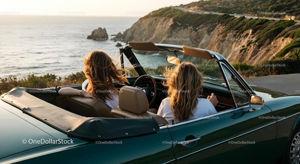 Friends on a Coastal Road Trip in Convertible Car