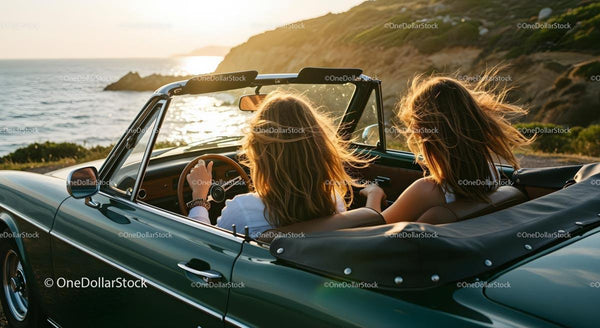 Friends Driving Convertible Along Scenic Coastal Road at Sunset