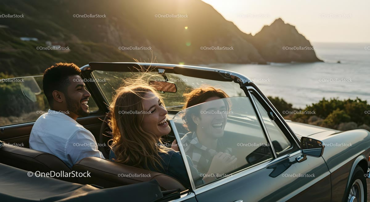 Friends on a Coastal Road Trip in Convertible Car