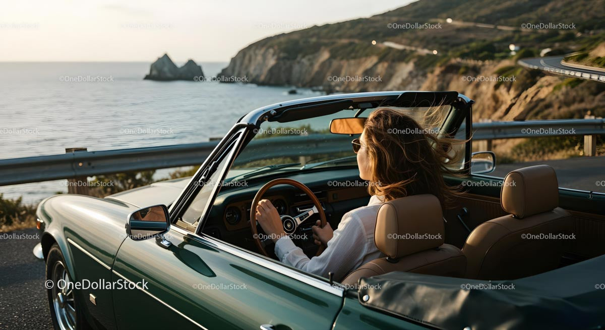 Friends on a Coastal Road Trip in Convertible Car