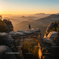 Hiker on Majestic Stone Arch at Sunrise