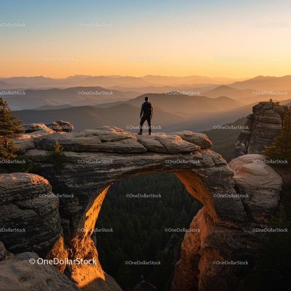 Lone Hiker on Majestic Stone Arch at Sunrise