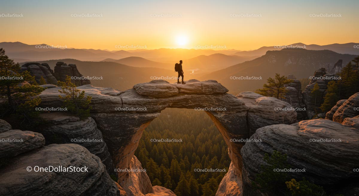 Hiker on Arch at Sunset in Scenic Mountain Landscape