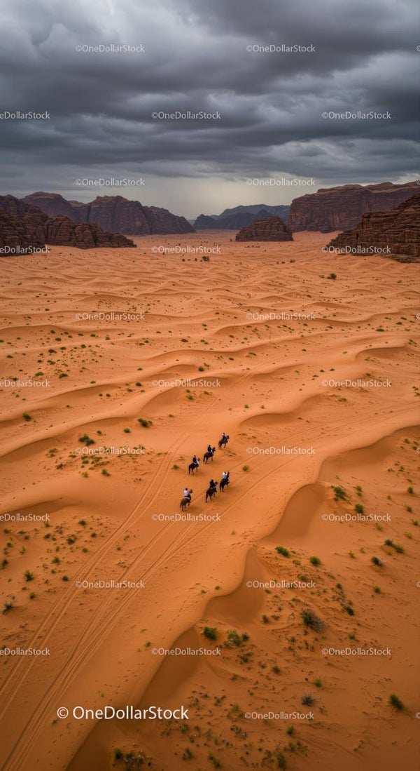 Camel Caravan Navigating Rugged Desert Landscape